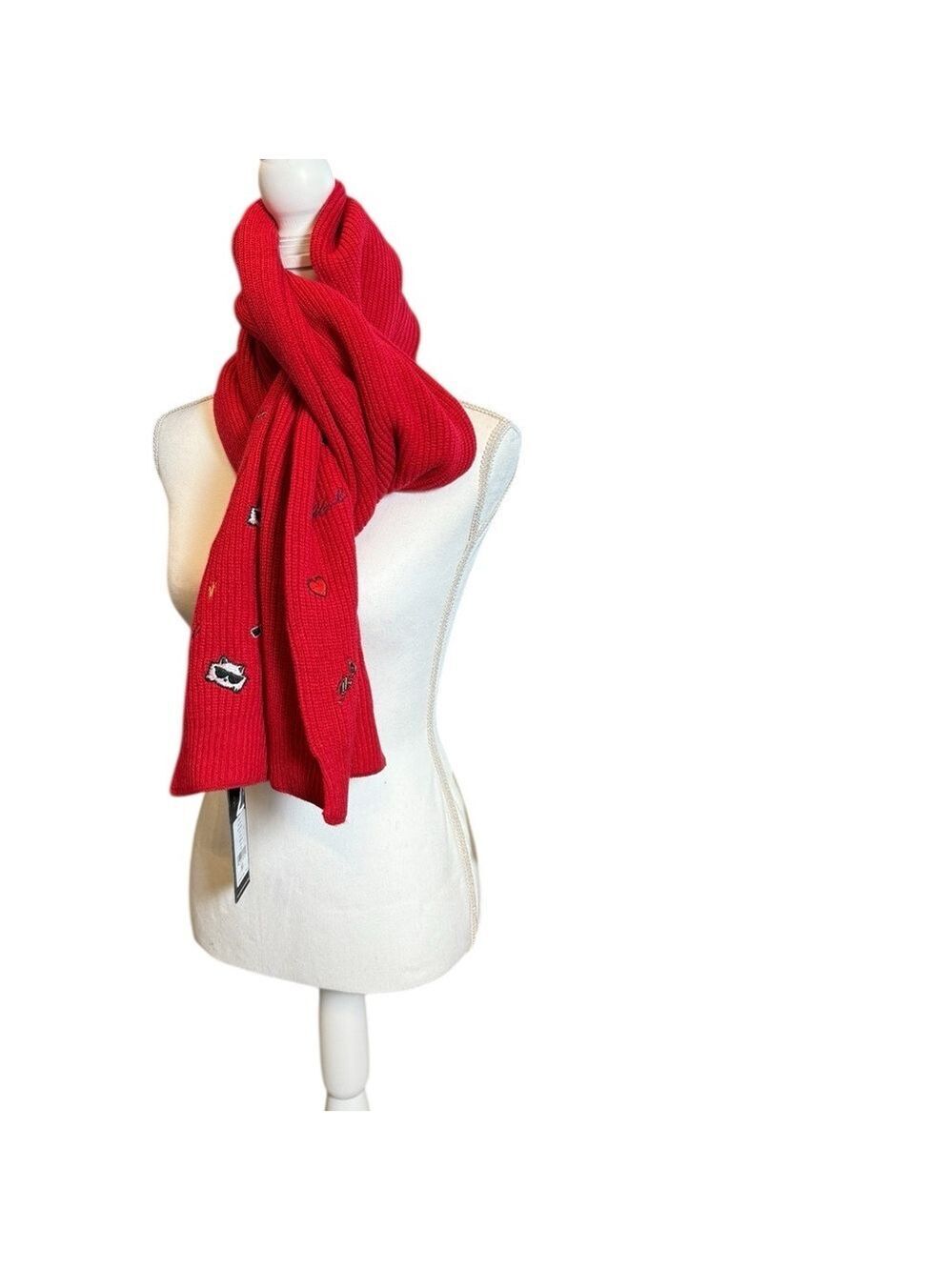 Karl Lagerfeld Paris Red Knit Scarf Embroidered Hearts & Sunglasses NWT